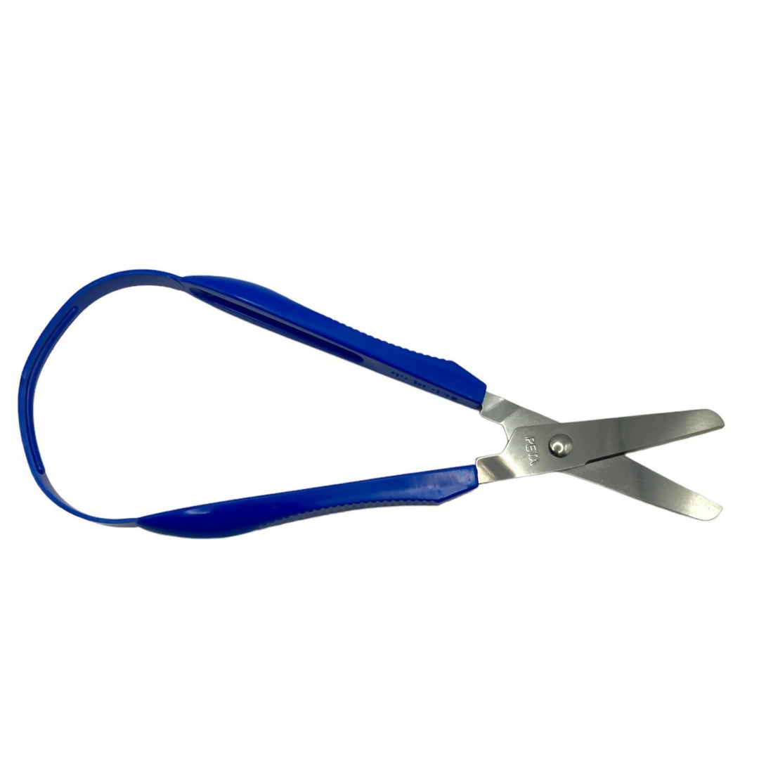 Blue right-handed Easi-Grip Scissors lying open.