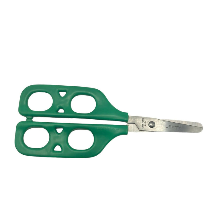 Green left-handed Dual Control Teaching Scissors with double loop handles for guided cutting, designed for special needs children.