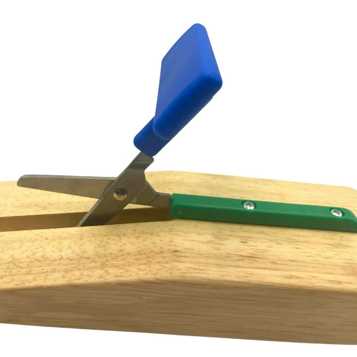 A close-up highlighting the high-quality stainless steel blades and secure mount on the wooden base.