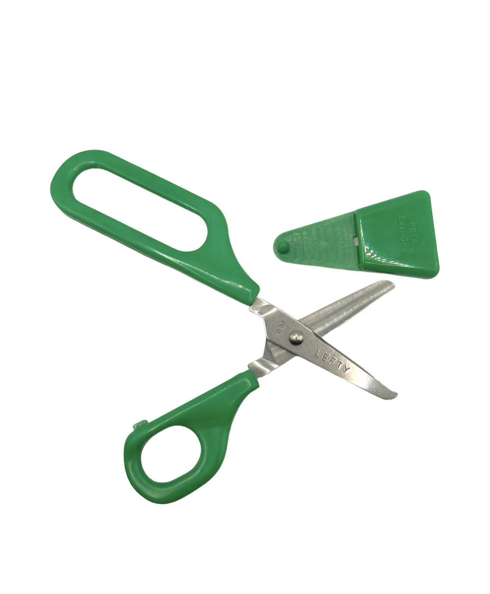 Left-handed Long Loop Self-Opening Scissors with green handle and protective green blade guard for safe storage.