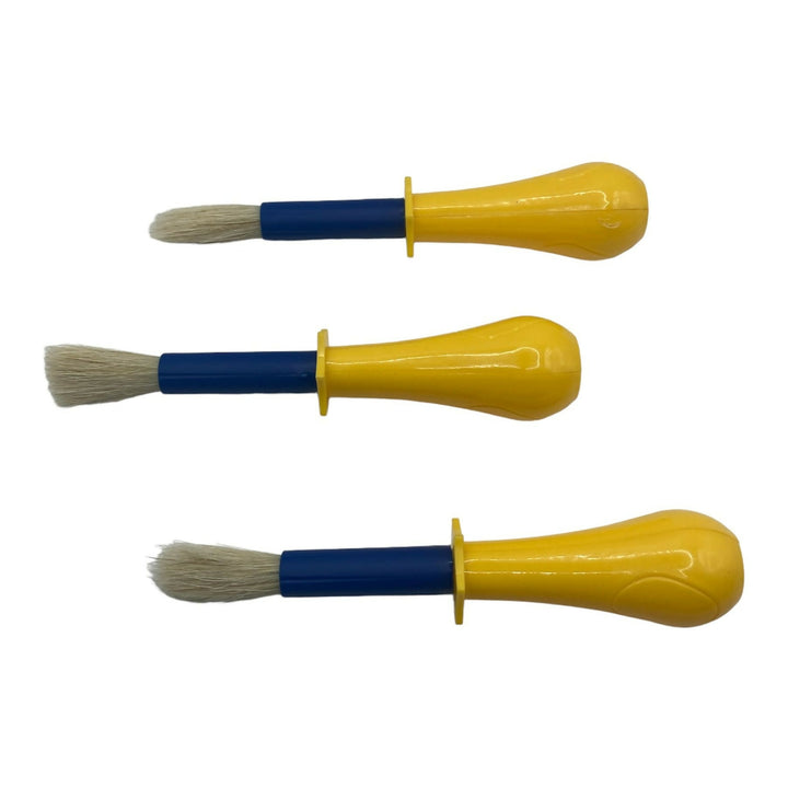 Set of 3 Jumbo Non-Roll Paint Brushes with hexagonal collars, featuring chunky handles in vibrant colours for toddlers.